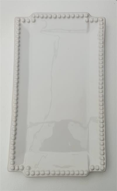 BANDEJA BRANCO BOLINHA PORCELANA   15X28CM para alugar em MACAE/RJ