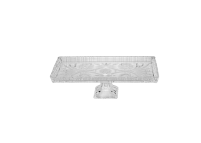 Bandeja retangular reta de vidro com pé prata - 28x20x50cm para alugar em Volta Redonda/RJ