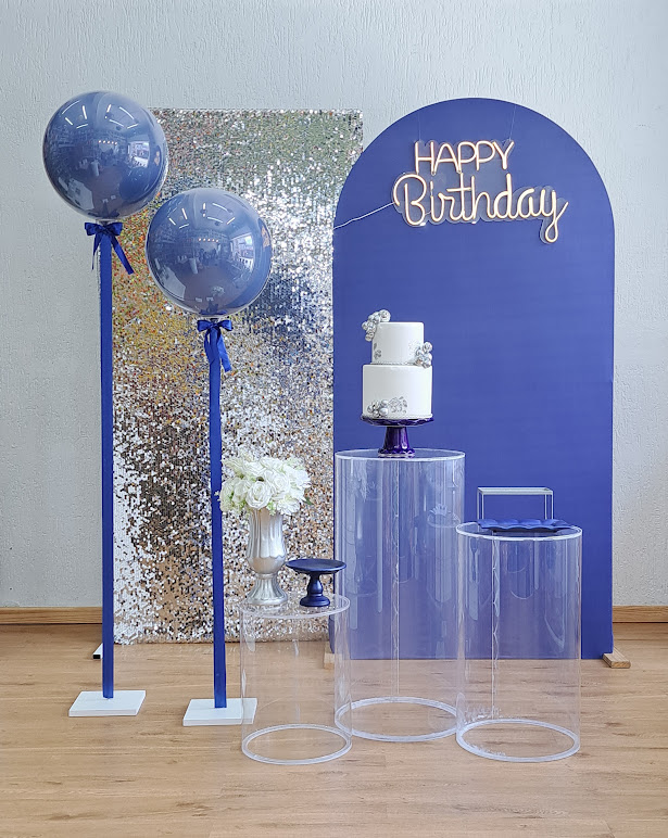 Decoração Happy Birthday Azul com Prata I Modelo 4 para Alugar em São ...